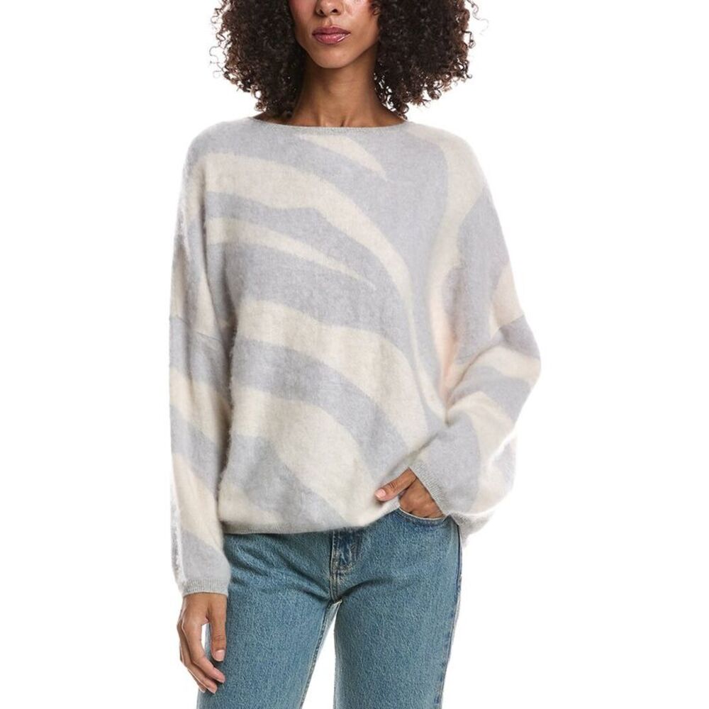 Brodie Cashmere Womens Brushed Zebra Crewneck 100% Cashmere Sweater, Gray
